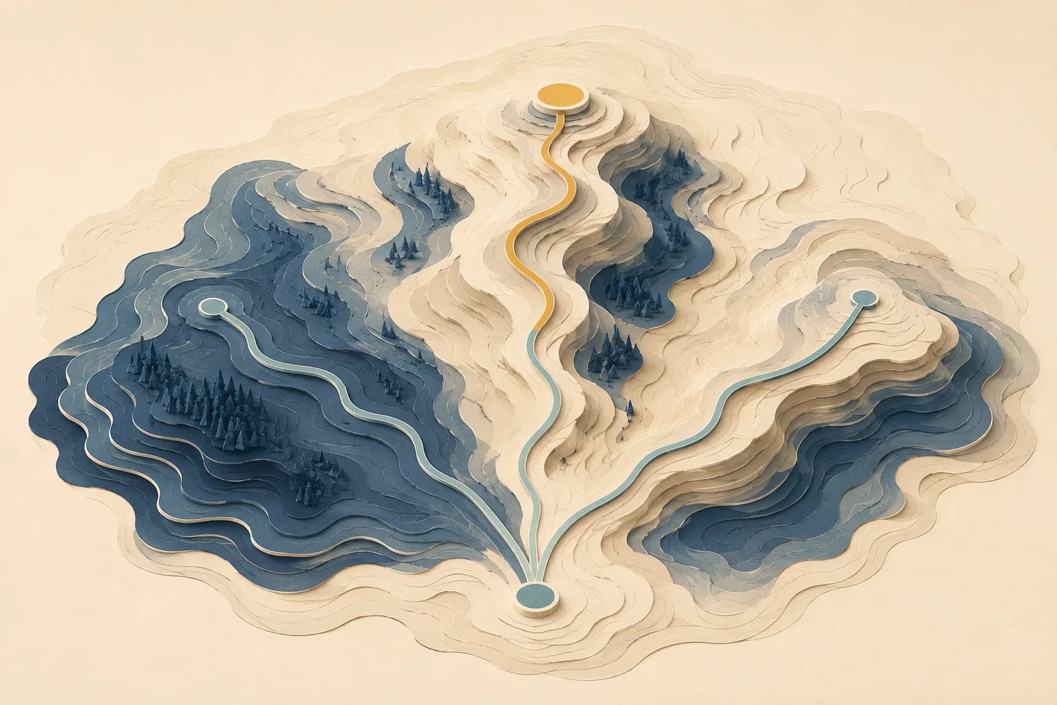 Illustration of three routes through layered terrain, with one path highlighted.