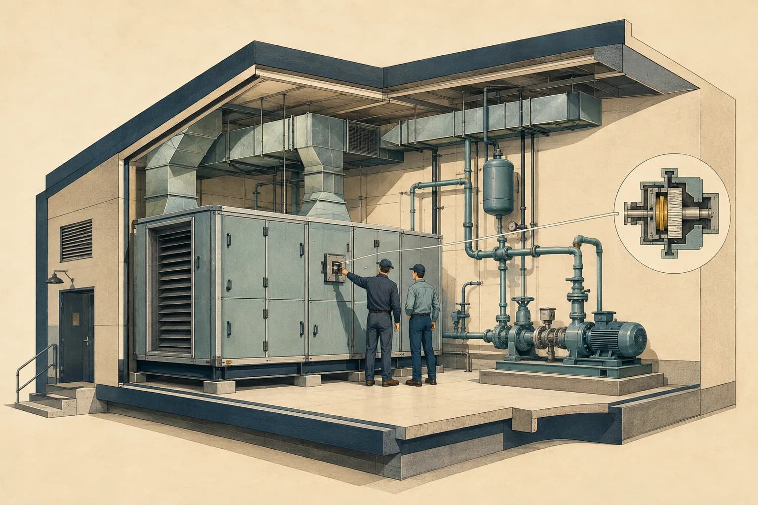 Illustrated mechanical-room cutaway with two technicians sharing equipment knowledge.