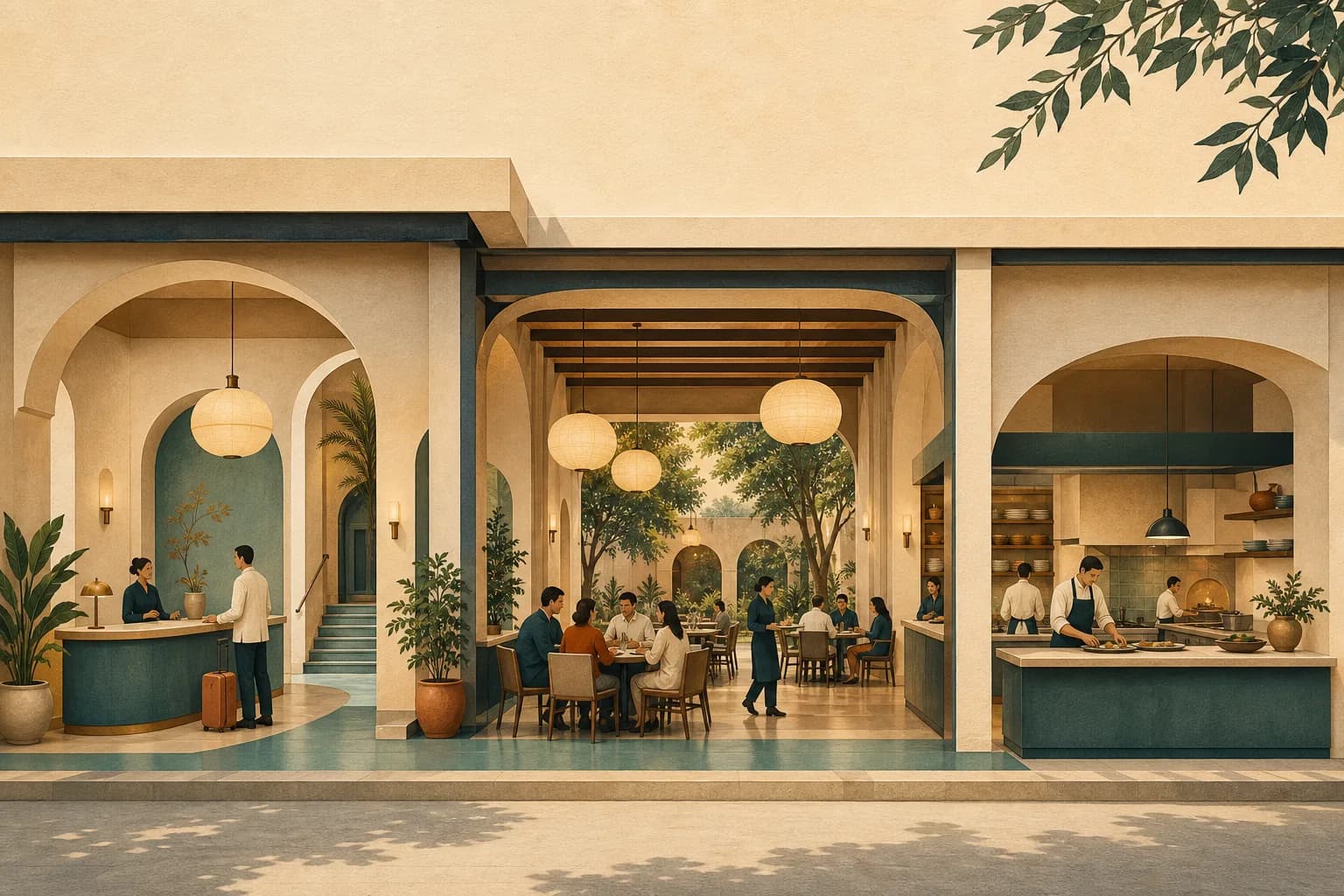 Illustration of connected hotel reception, dining, and service spaces.