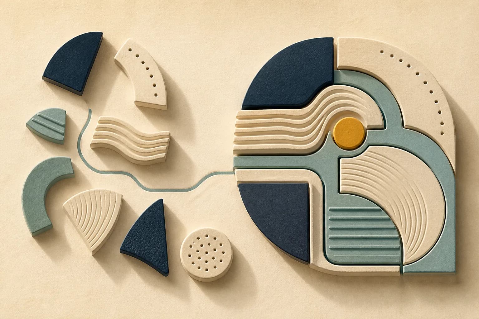 Illustration of scattered pieces assembling into an organized structure.