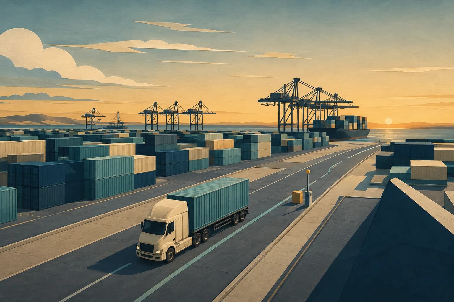 Illustration of a truck following an organized route through a container port.