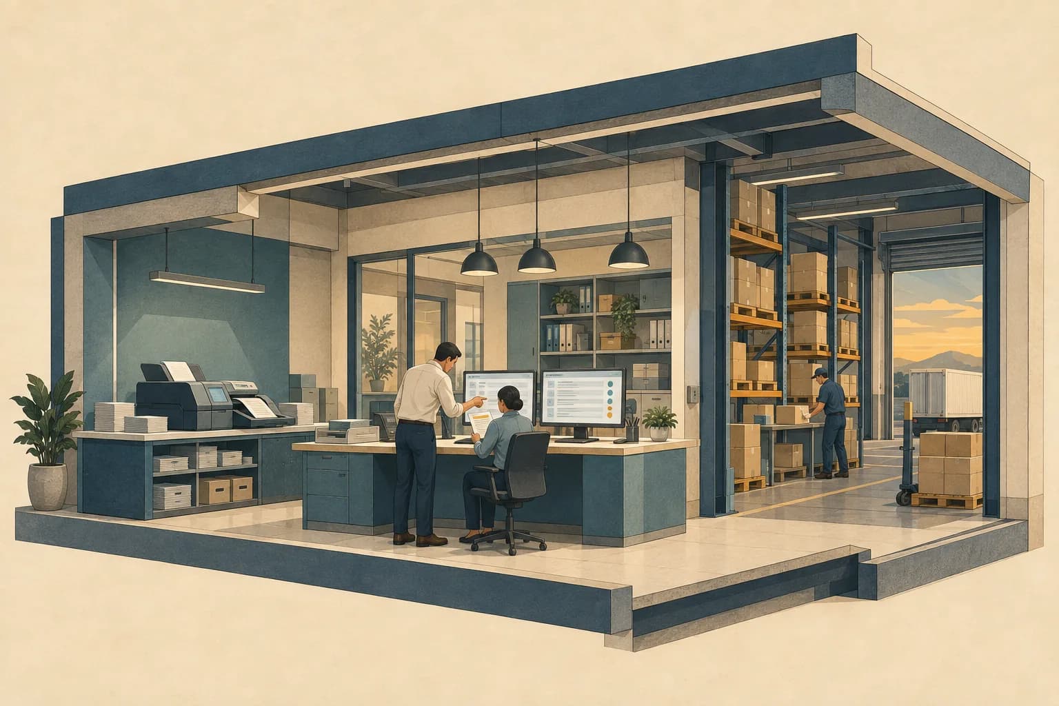 Illustrated office cutaway with staff reviewing a document exception beside an intake scanner and warehouse.