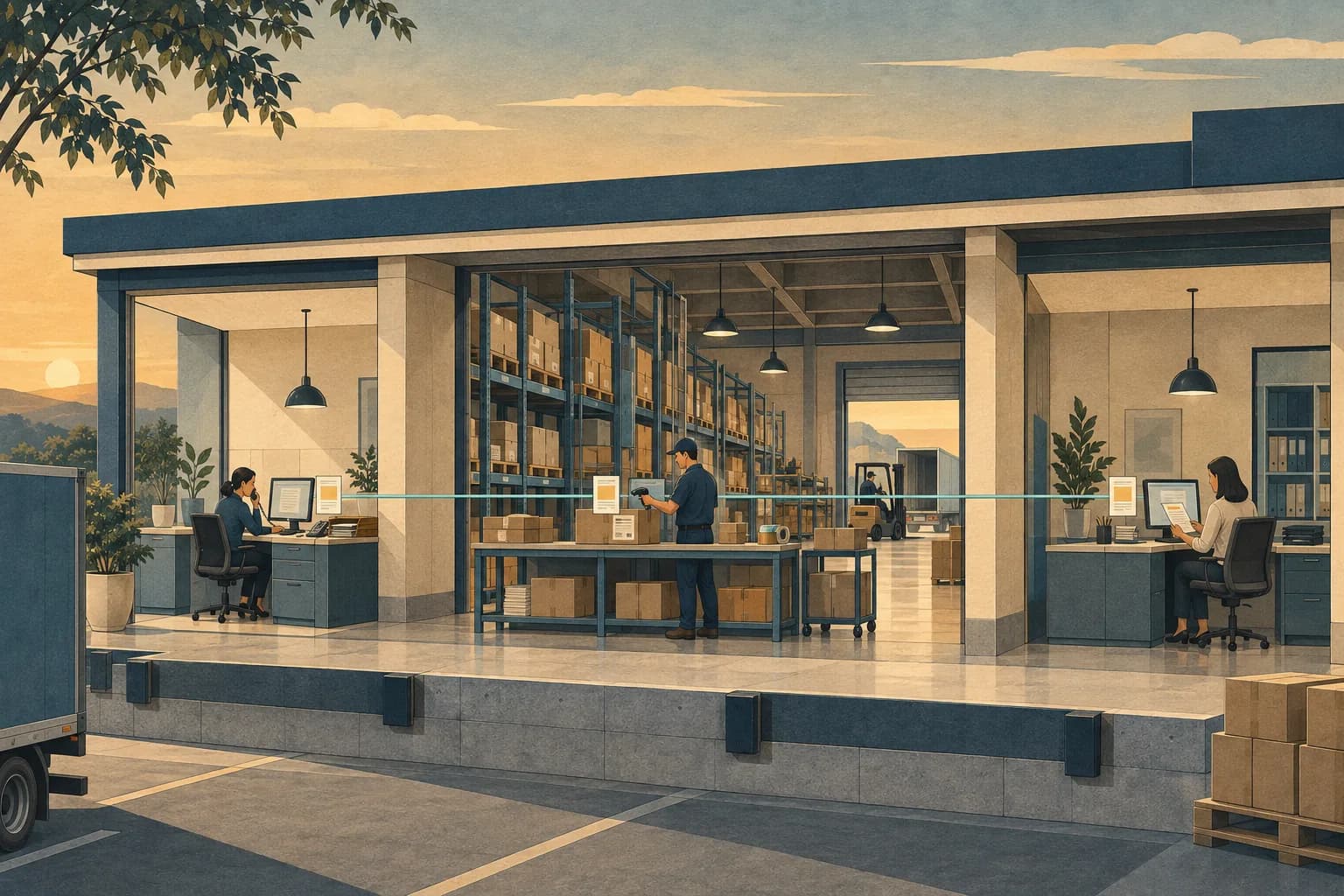 Illustration linking order processing, warehouse scanning and accounting across one facility.