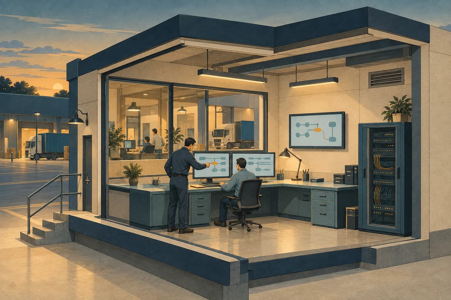 Illustrated support room with engineers investigating a workflow exception while dispatch operations continue nearby.