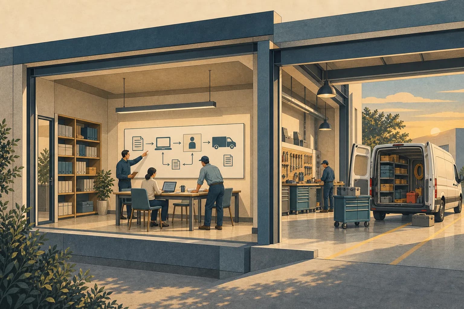 Illustration of an operations manager, engineer and technician planning a workflow beside a service workshop.
